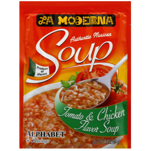 La Moderna Sopa de letras sabor tomate y pollo — 3.5 oz | UPC 029243200084
