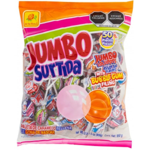 De la Rosa Paletas Jumbo surtidas rellenas de goma de mascar — 50 piezas / 33.5 oz | UPC 725226002569