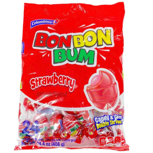 Colombina Paletas Bon Bon Bum sabor fresa con goma de mascar — 24 piezas / 14.4 oz | UPC 7702011110800