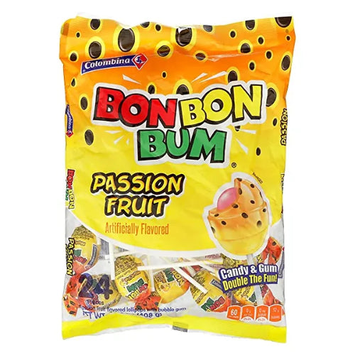 Colombina Paletas Bon Bon Bum sabor maracuyá con goma de mascar — 24 piezas / 14.4 oz | UPC 7702011111951