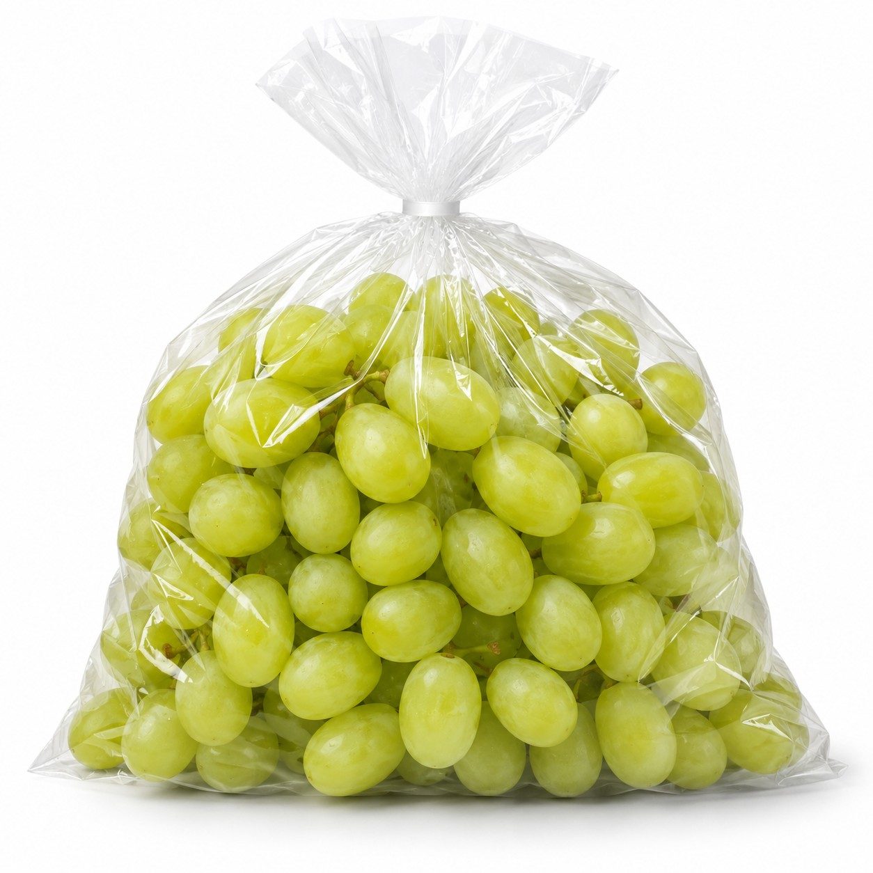 Bolsa transparente genérica con uvas verdes sin semilla sobre fondo blanco