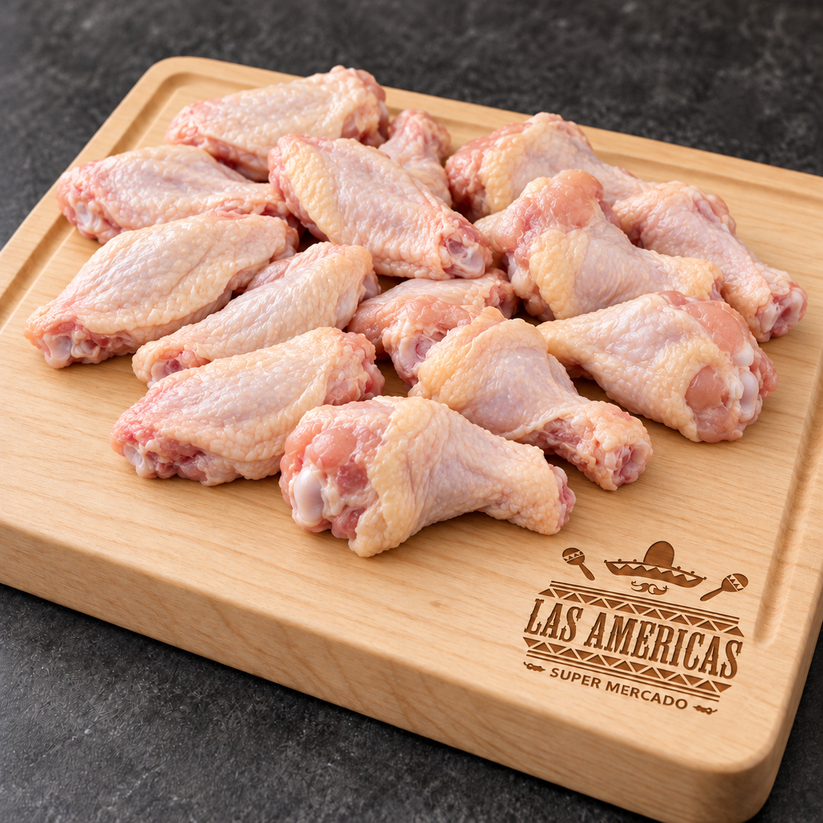 Alas cortadas de pollo — imagen ilustrativa IA sobre tabla clara Las Americas