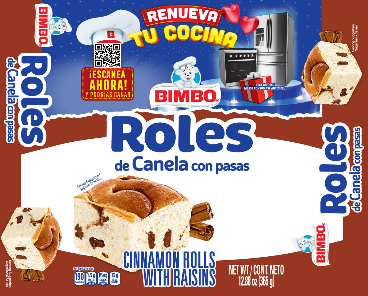 Bimbo Roles de canela con pasas 365 g UPC 074323091649