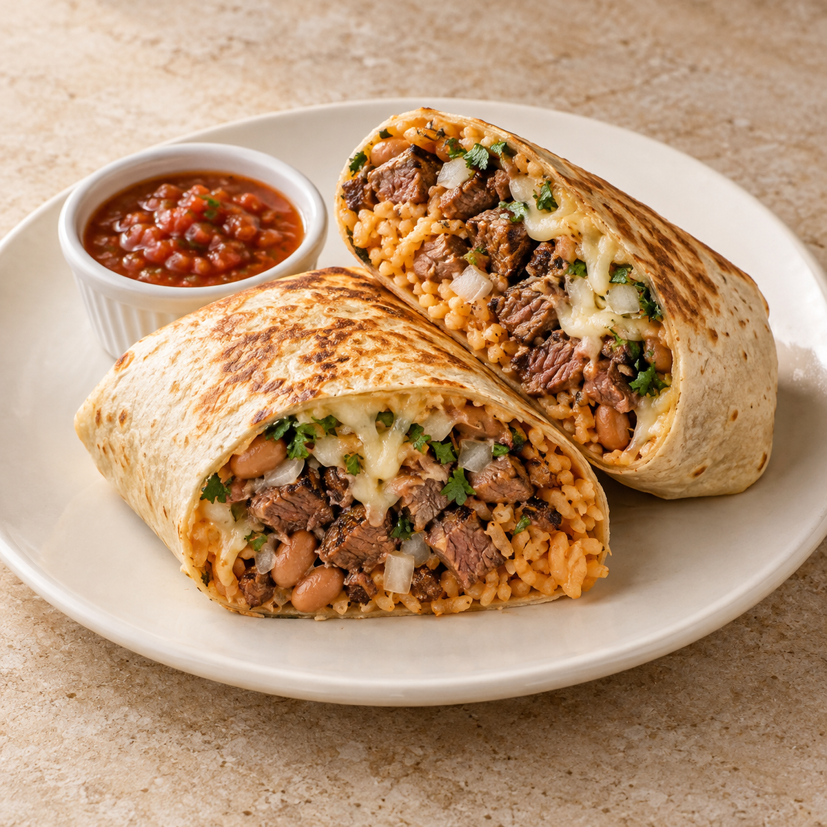 Burrito de carne asada; porción propuesta: 1 burrito; imagen ilustrativa generada con IA