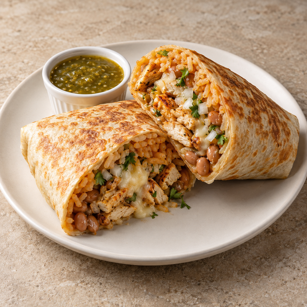 Burrito de pollo; porción propuesta: 1 burrito; imagen ilustrativa generada con IA