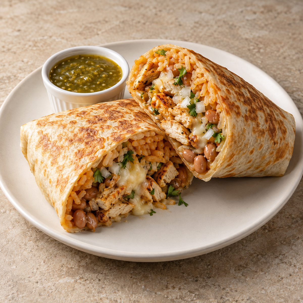 Burrito de pollo; porción propuesta: 1 burrito; imagen ilustrativa generada con IA