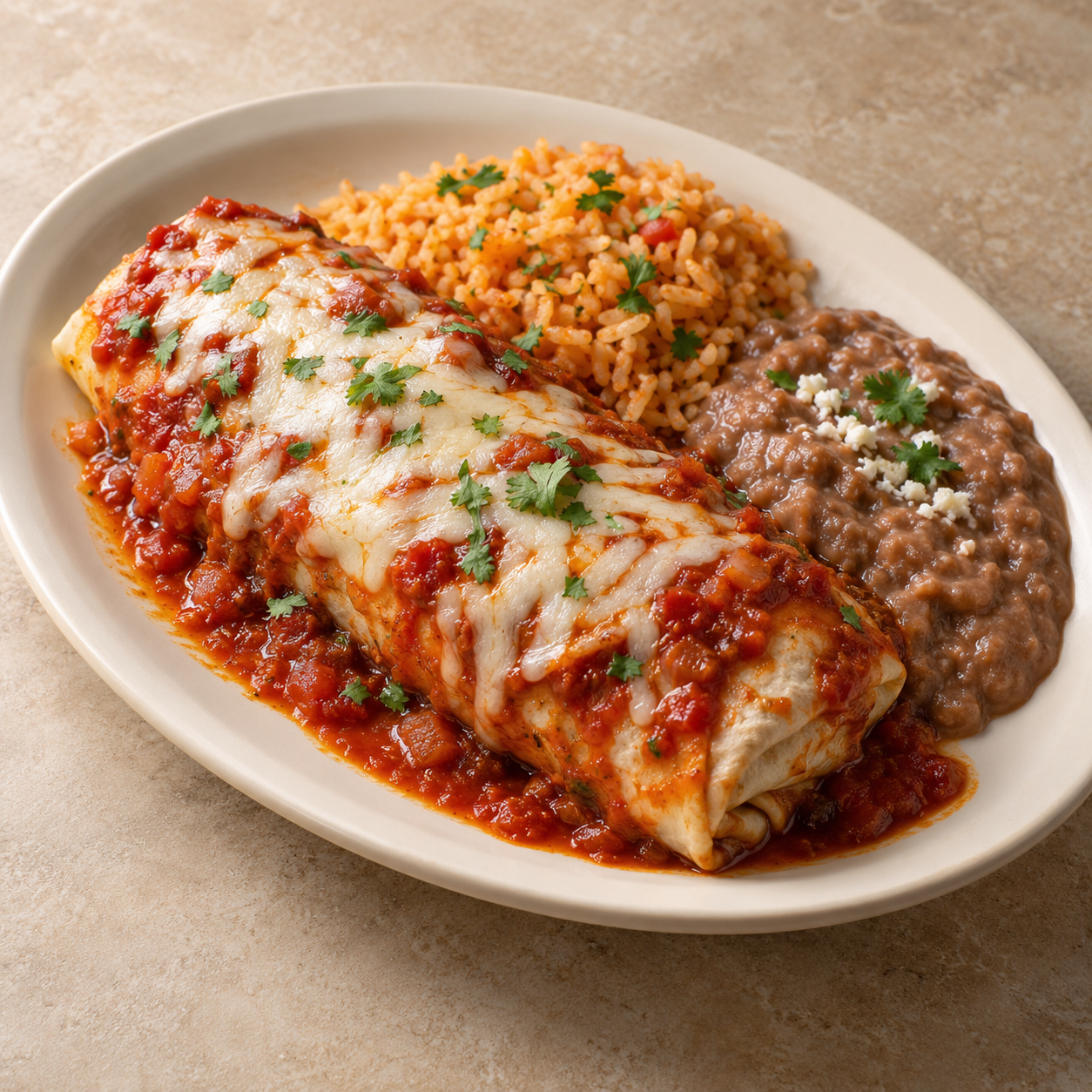 Burrito ranchero de res; porción propuesta: 1 burrito con arroz y frijoles; imagen ilustrativa generada con IA