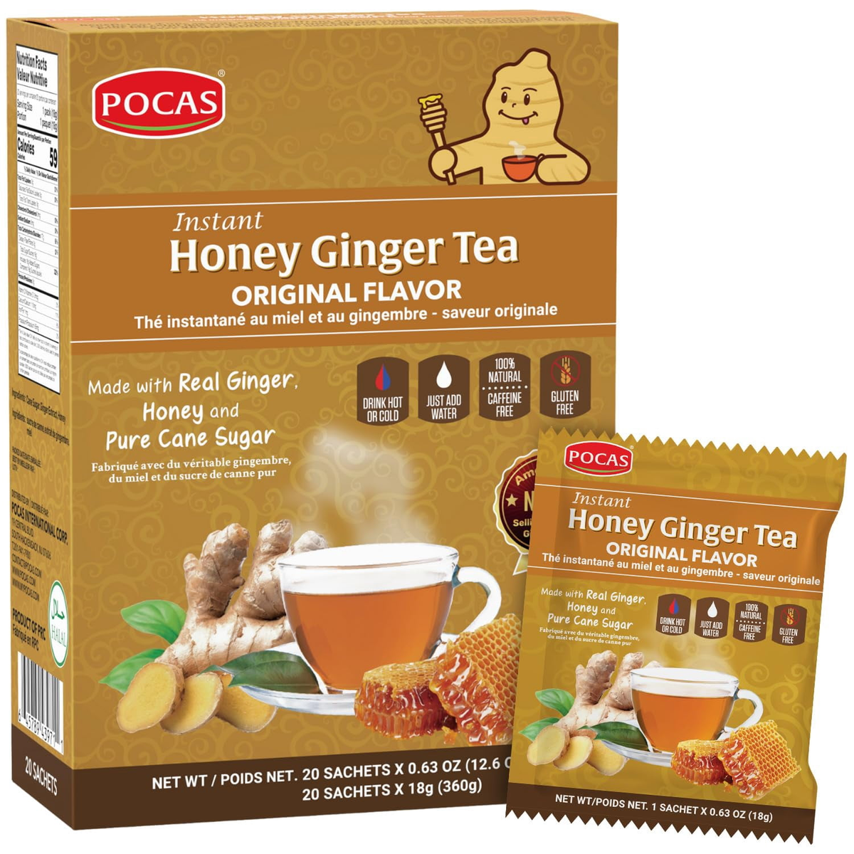 Pocas Té instantáneo de miel y jengibre Original 20 sobres (360 g)