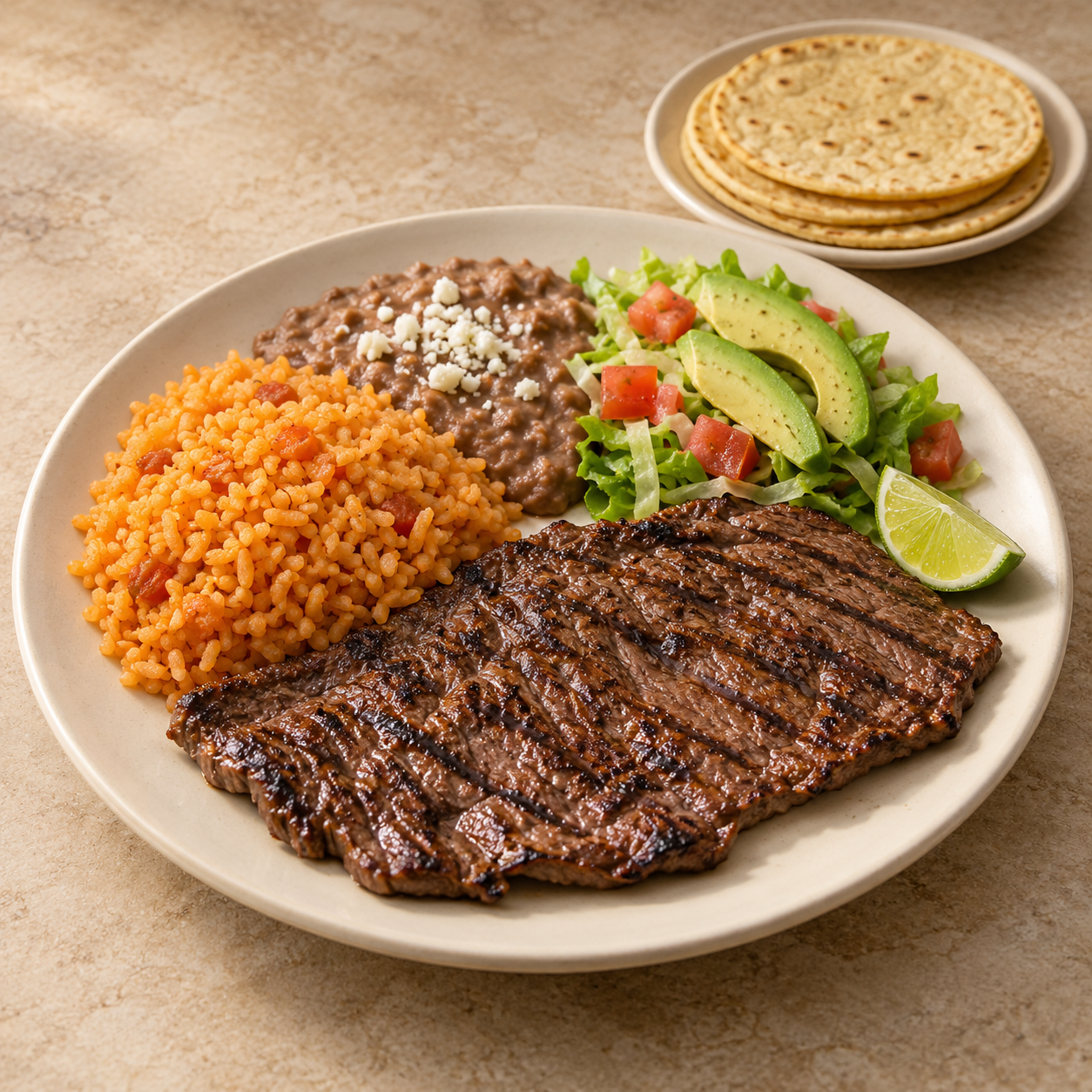 Plato de carne asada; porción propuesta: 1 plato con 3 tortillas; imagen ilustrativa generada con IA