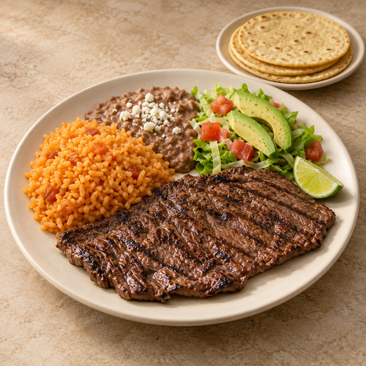 Plato de carne asada; porción propuesta: 1 plato con 3 tortillas; imagen ilustrativa generada con IA