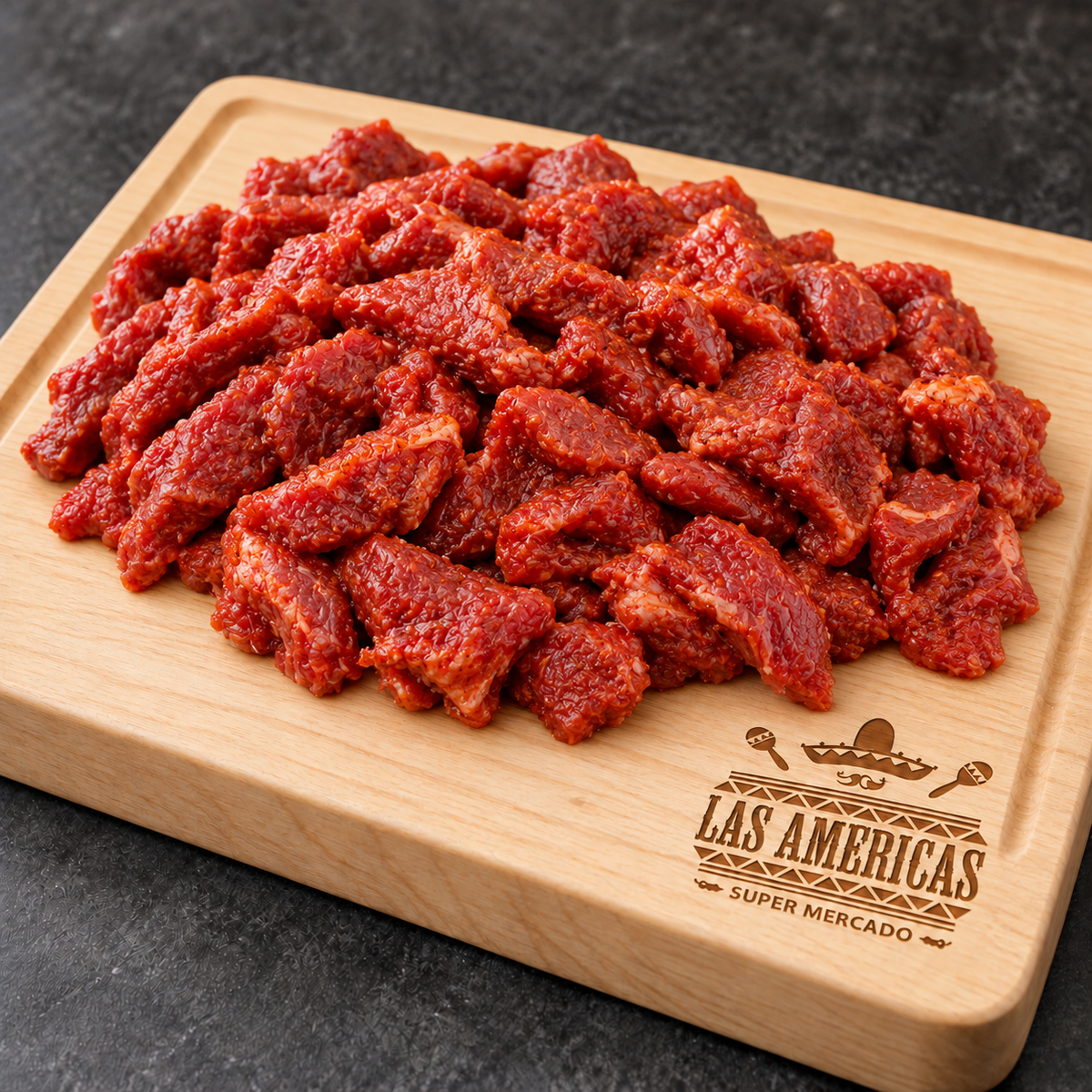 Carne para tacos de res preparada — imagen ilustrativa IA sobre tabla clara Las Americas