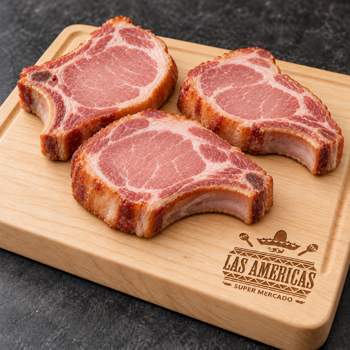 Chuleta ahumada de puerco — imagen ilustrativa IA sobre tabla clara Las Americas