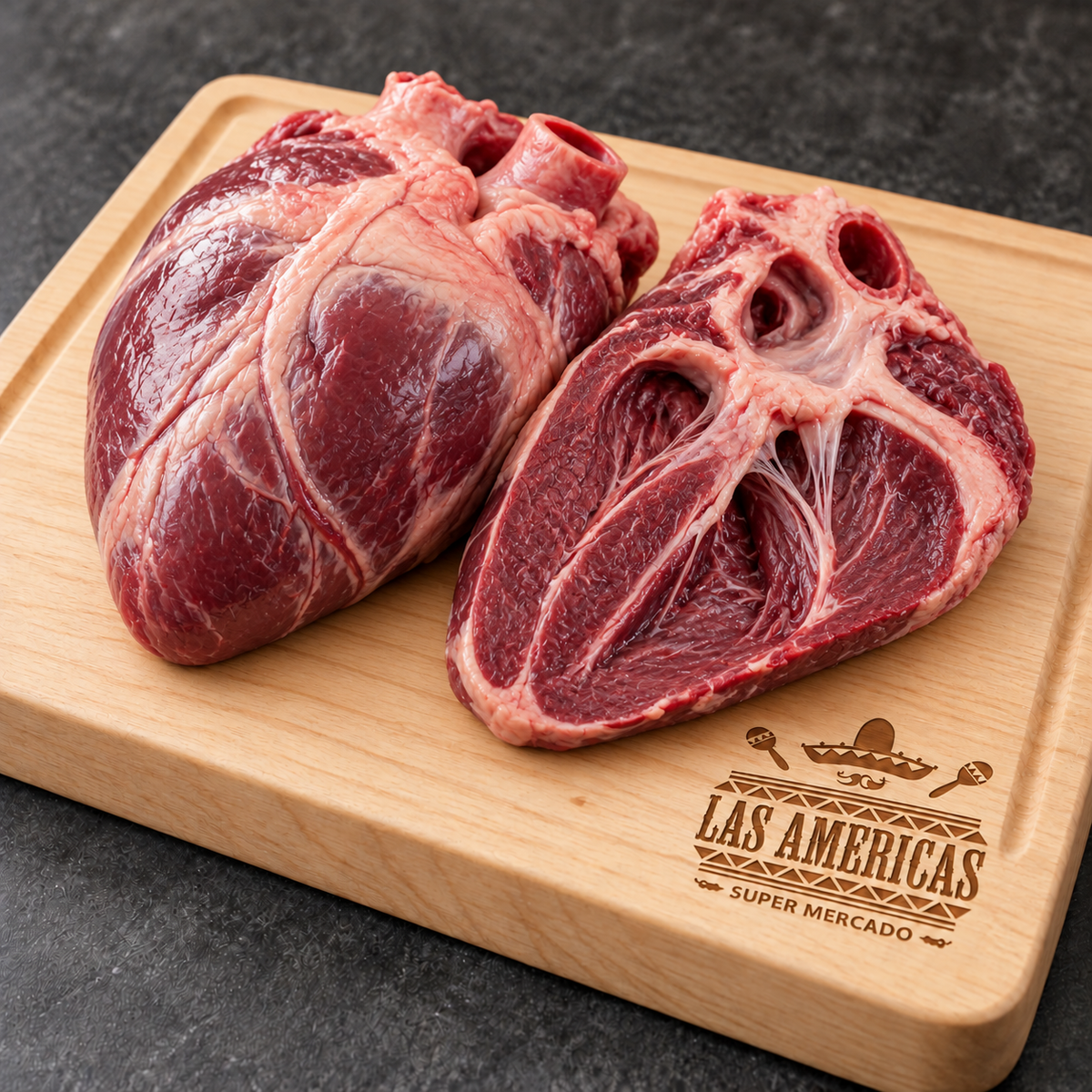 Corazón de res — imagen ilustrativa IA sobre tabla clara Las Americas