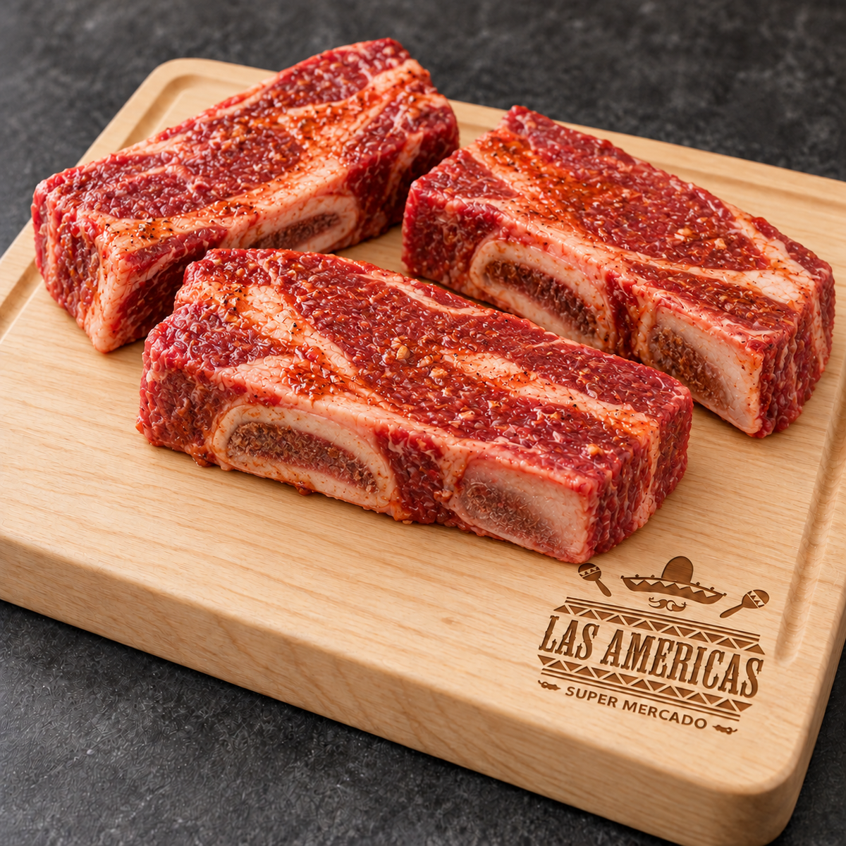 Costilla de res preparada — imagen ilustrativa IA sobre tabla clara Las Americas