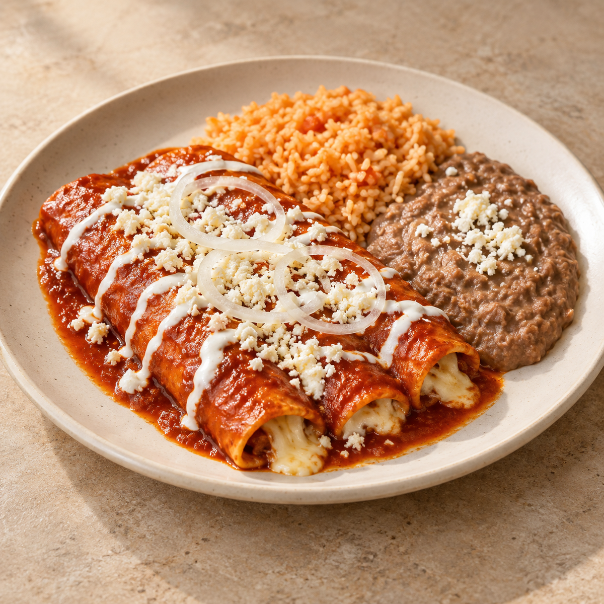 Enchiladas rojas de queso; porción propuesta: 3 enchiladas con arroz y frijoles; imagen ilustrativa generada con IA