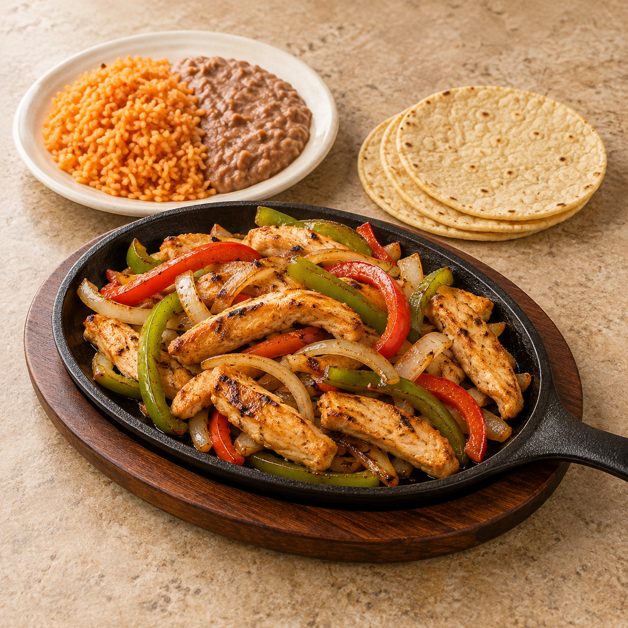 Fajitas de pollo; porción propuesta: 1 plato con 3 tortillas; imagen ilustrativa generada con IA