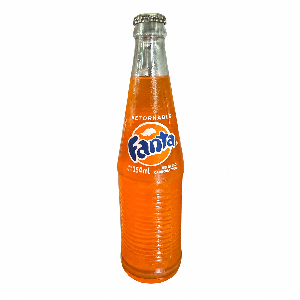 Fanta naranja, botella de vidrio retornable 354 ml. UPC 7441003520202.