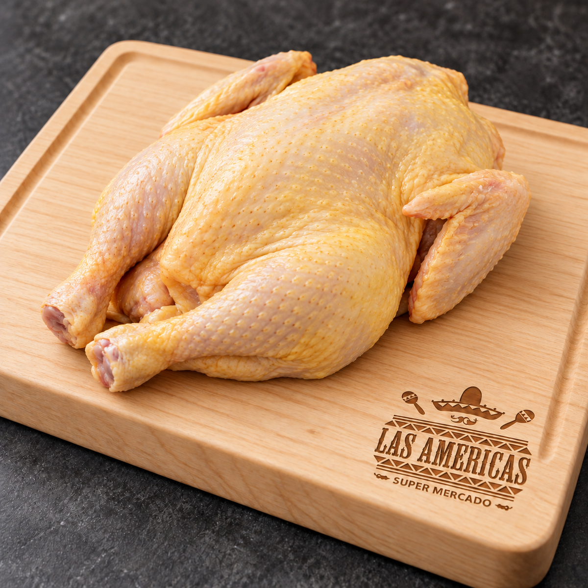 Gallina rancho — imagen ilustrativa IA sobre tabla clara Las Americas