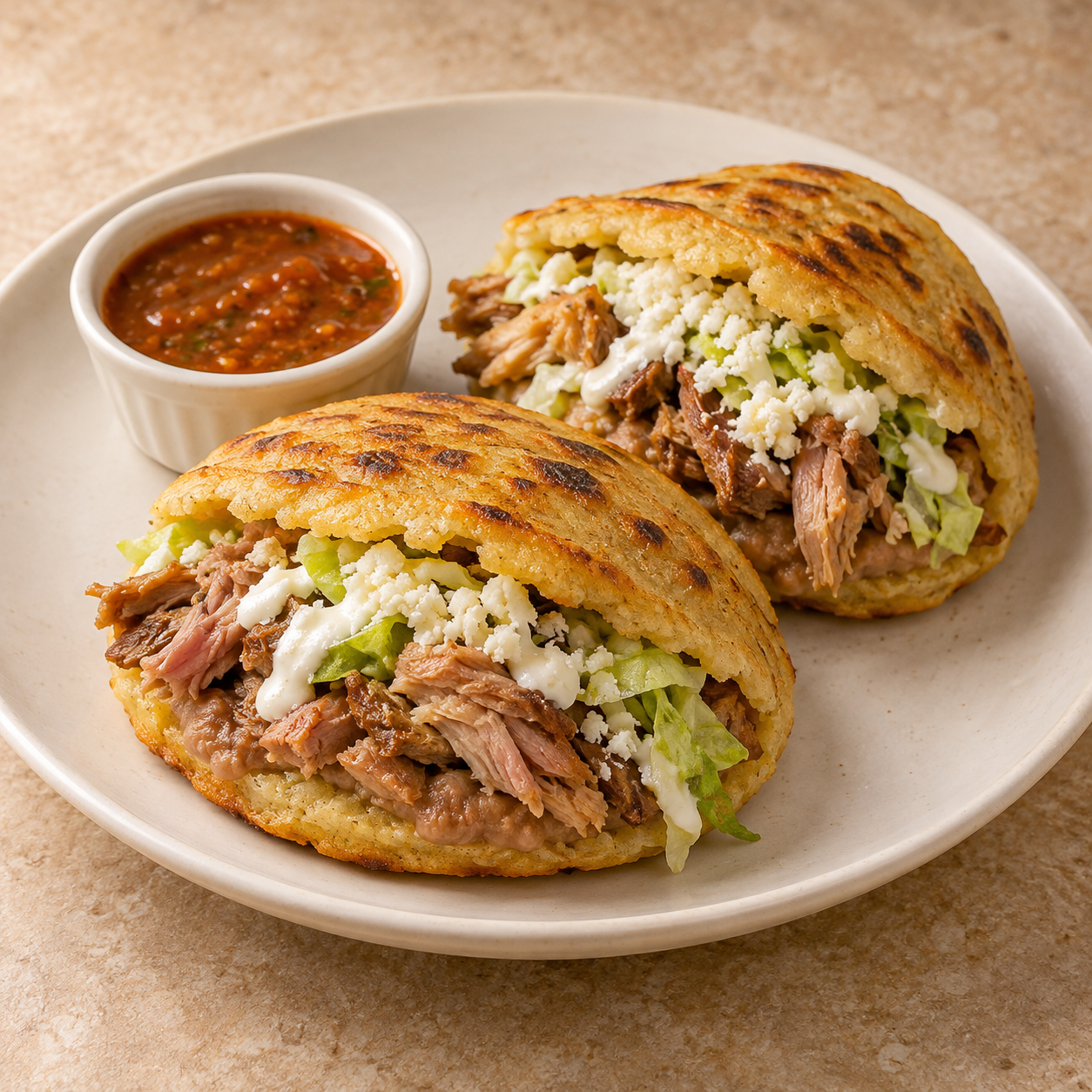 Gorditas de carnitas; porción propuesta: 2 gorditas; imagen ilustrativa generada con IA