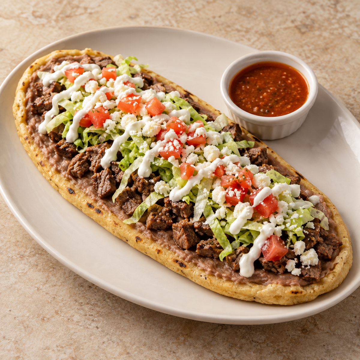 Huarache de carne asada; porción propuesta: 1 huarache; imagen ilustrativa generada con IA