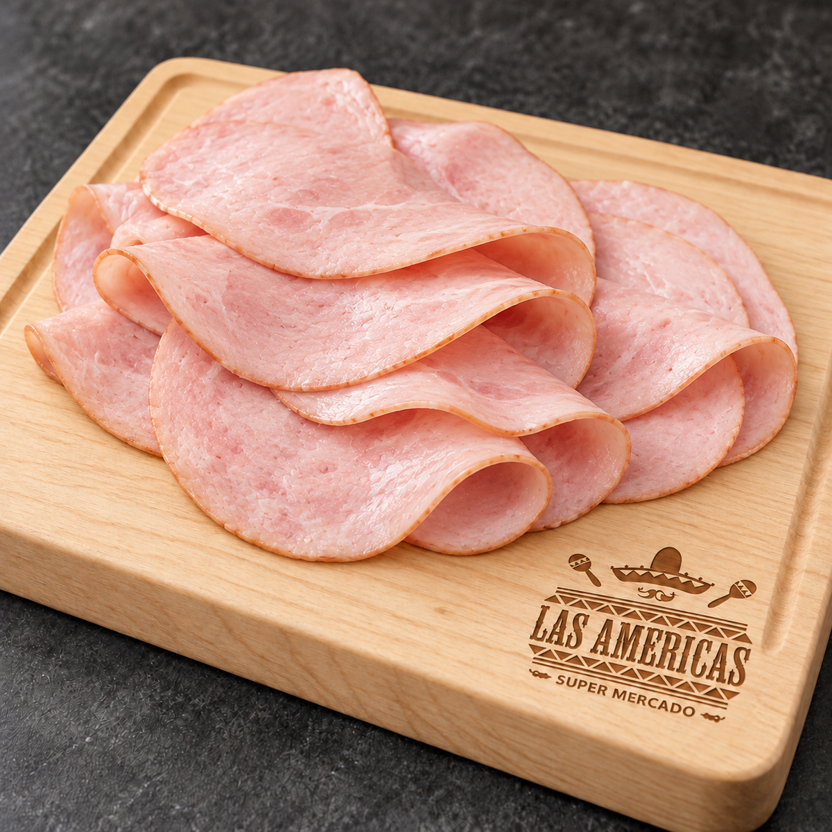 Jamón de pavo — imagen ilustrativa IA sobre tabla clara Las Americas