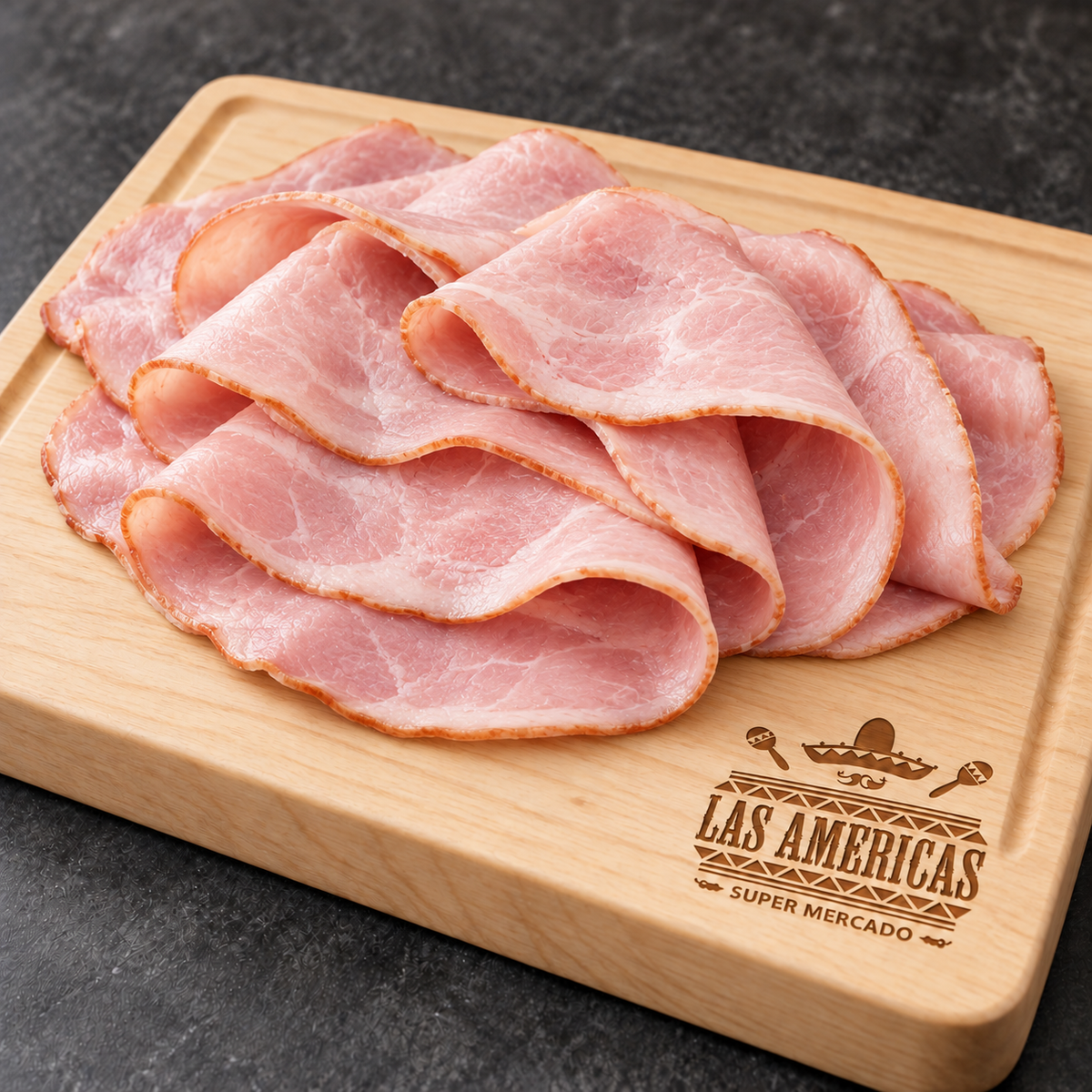 Jamón de puerco — imagen ilustrativa IA sobre tabla clara Las Americas