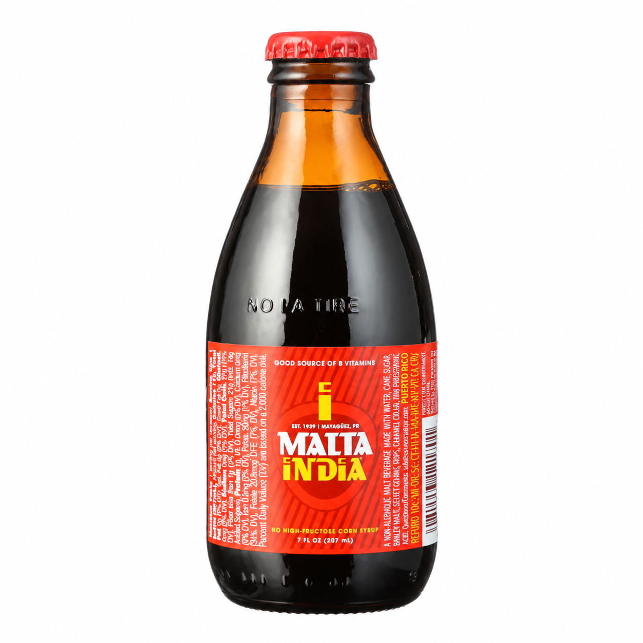 Malta India bebida de malta, botella 7 fl oz (207 ml). UPC 081553121701.