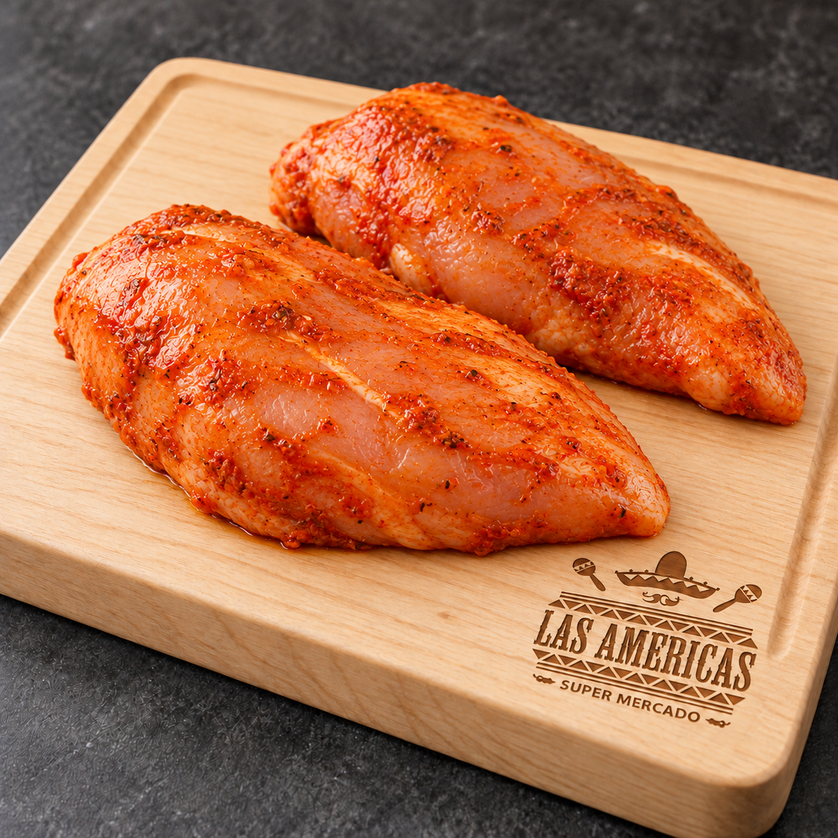 Pechuga de pollo adobada — imagen ilustrativa IA sobre tabla clara Las Americas