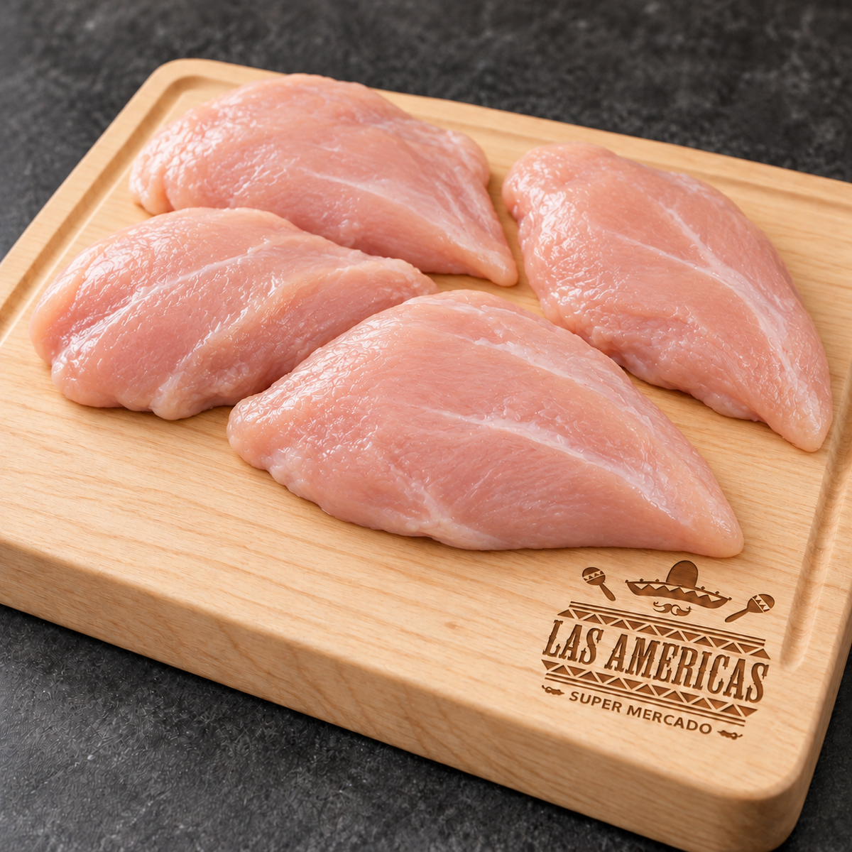 Pechuga de pollo fileteada — imagen ilustrativa IA sobre tabla clara Las Americas