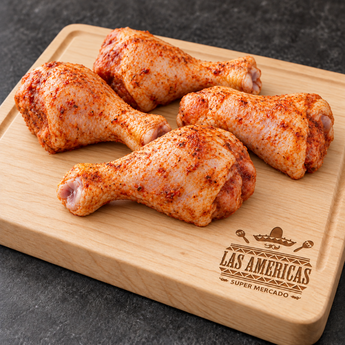 Pierna de pollo preparada — imagen ilustrativa IA sobre tabla clara Las Americas