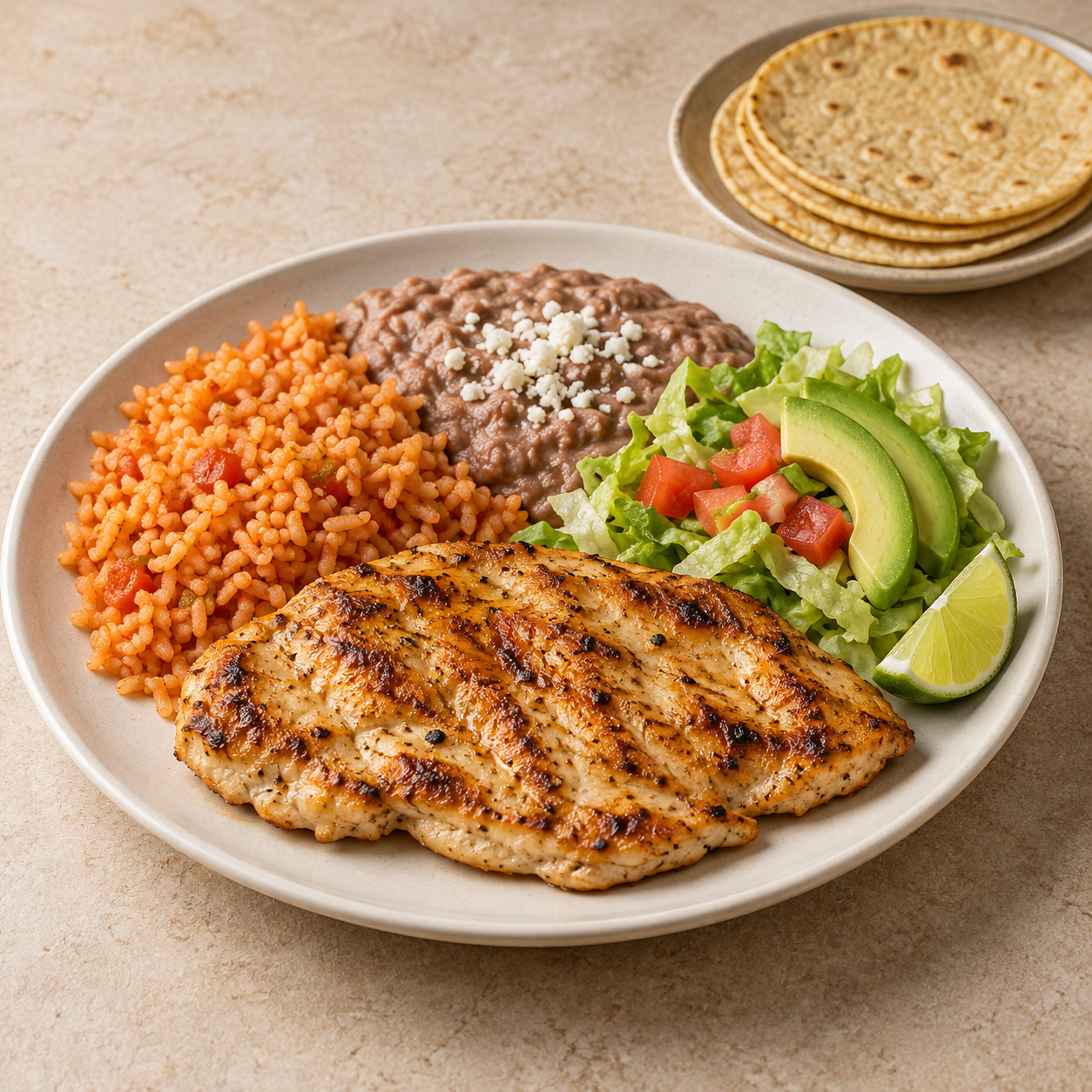 Pollo a la plancha; porción propuesta: 1 plato con 3 tortillas; imagen ilustrativa generada con IA