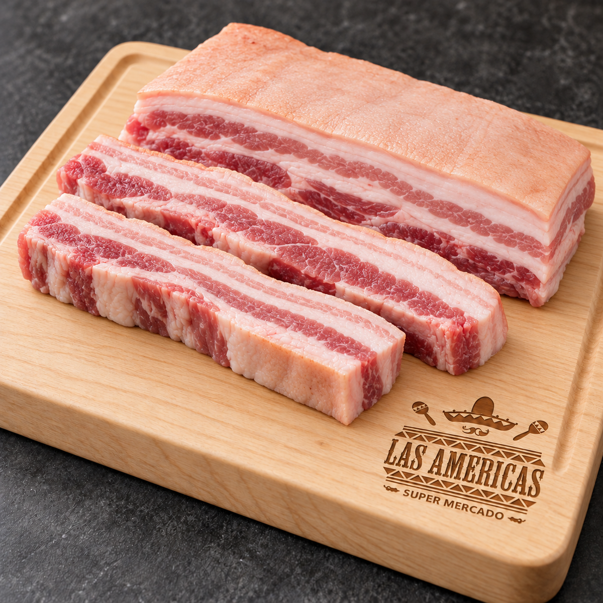 Pork belly — panceta de cerdo — imagen ilustrativa IA sobre tabla clara Las Americas