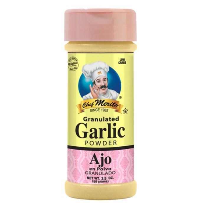 Chef Merito Garlic Powder (Polvo De Ajo) 3.5oz — Empaque mostrado en la fotografía
