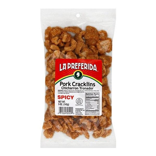 La Preferida Spicy Pork Cracklins 5oz — Empaque mostrado en la fotografía
