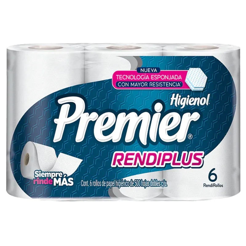Premier Rendiplus papel higiénico — 6 rollos · 500 hojas dobles