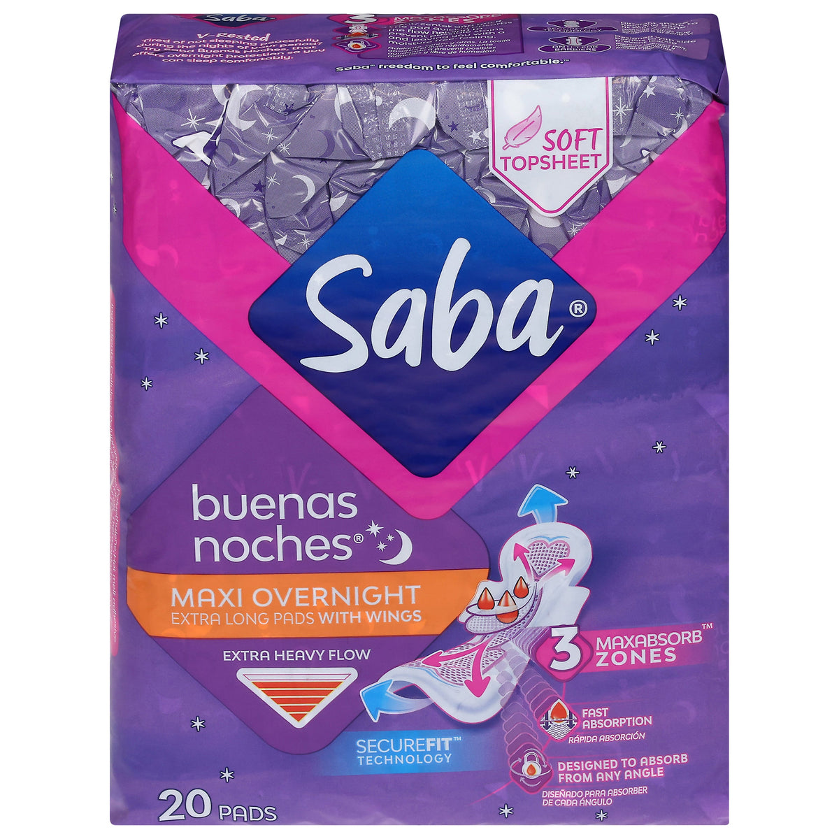 Saba Extra Heavy Flow Maxi Overnight Toallas sanitarias 20 ea