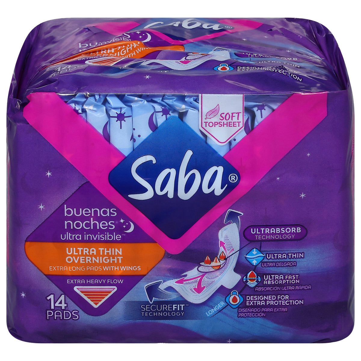 Saba Extra Heavy Flow Ultra Thin Overnight Toallas sanitarias 14 ea