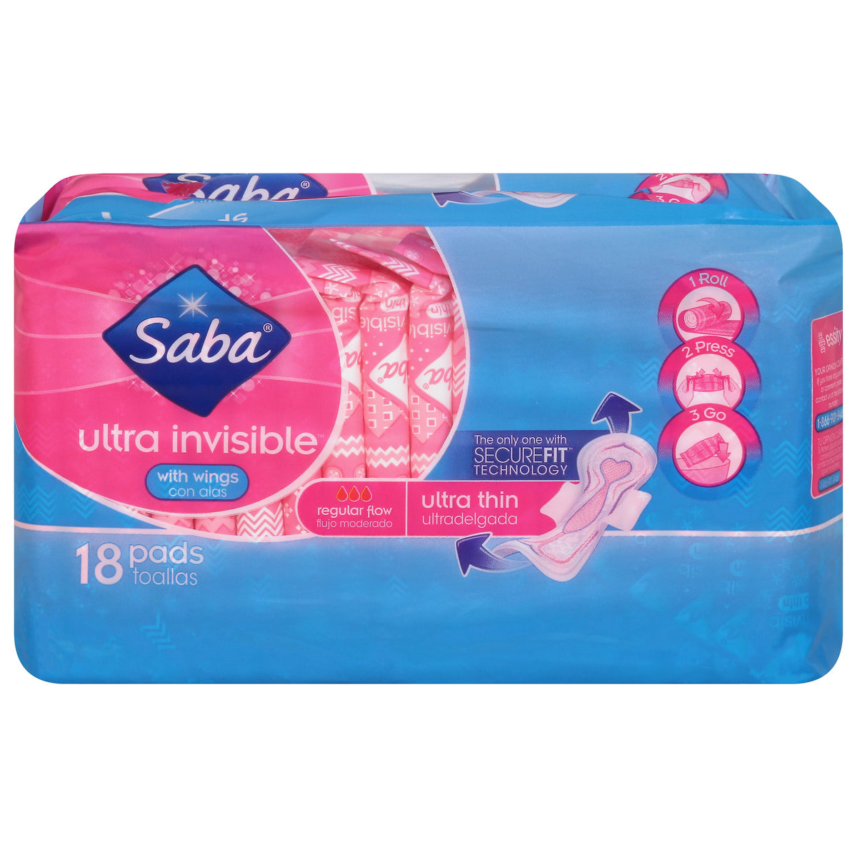 Saba Ultra Invisible Regular Flow with Wings Ultra Thin Toallas sanitarias 18 ea