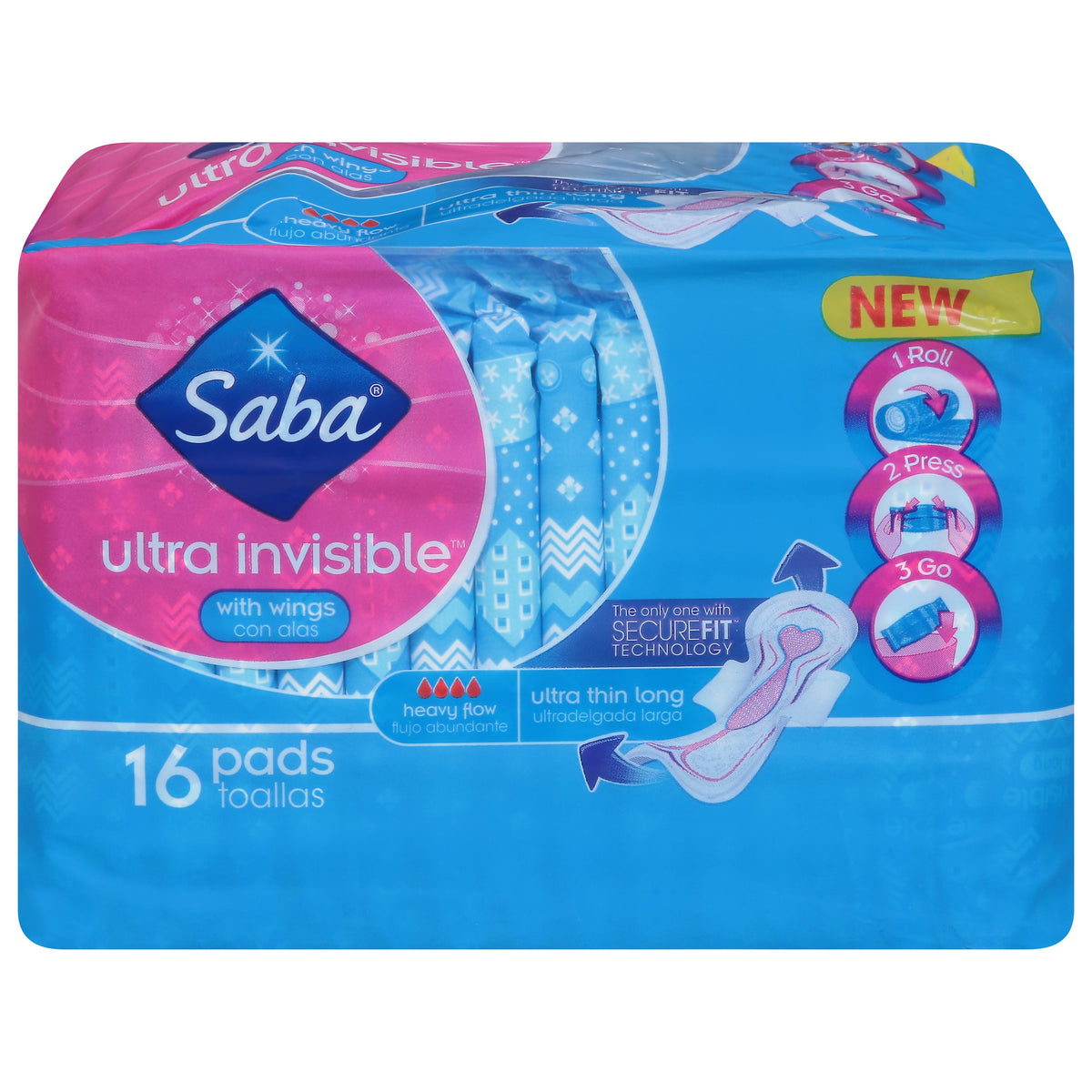 Saba Ultra Invisible Ultra Thin Long Heavy Flow with Wings Toallas sanitarias 16 ea