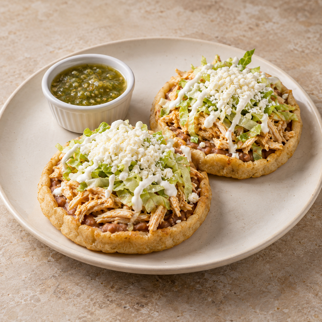 Sopes de pollo; porción propuesta: 2 sopes; imagen ilustrativa generada con IA