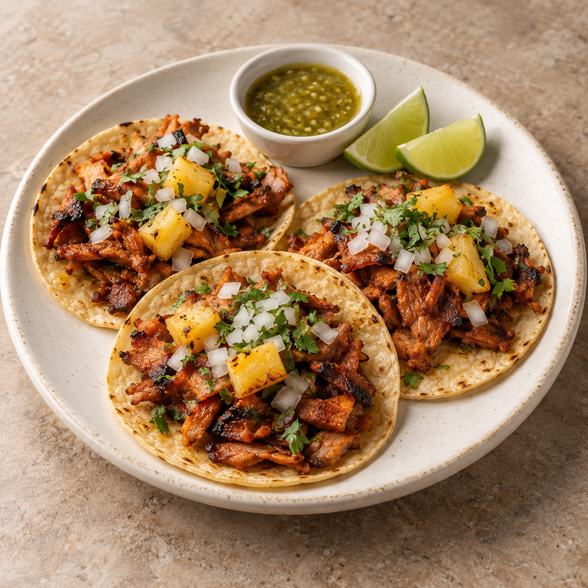 Tacos al pastor; porción propuesta: 3 tacos; imagen ilustrativa generada con IA