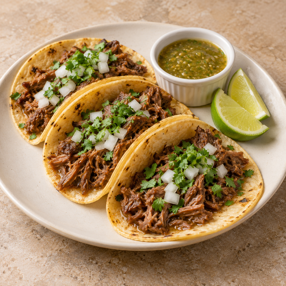 Tacos de barbacoa; porción propuesta: 3 tacos; imagen ilustrativa generada con IA