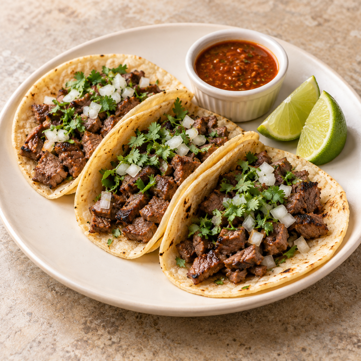 Tacos de carne asada; porción propuesta: 3 tacos; imagen ilustrativa generada con IA