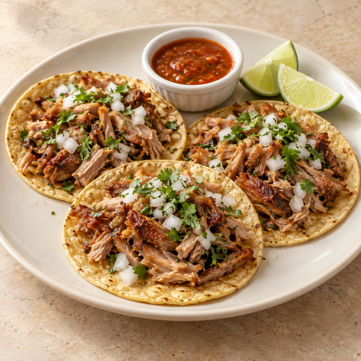 Tacos de carnitas; porción propuesta: 3 tacos; imagen ilustrativa generada con IA