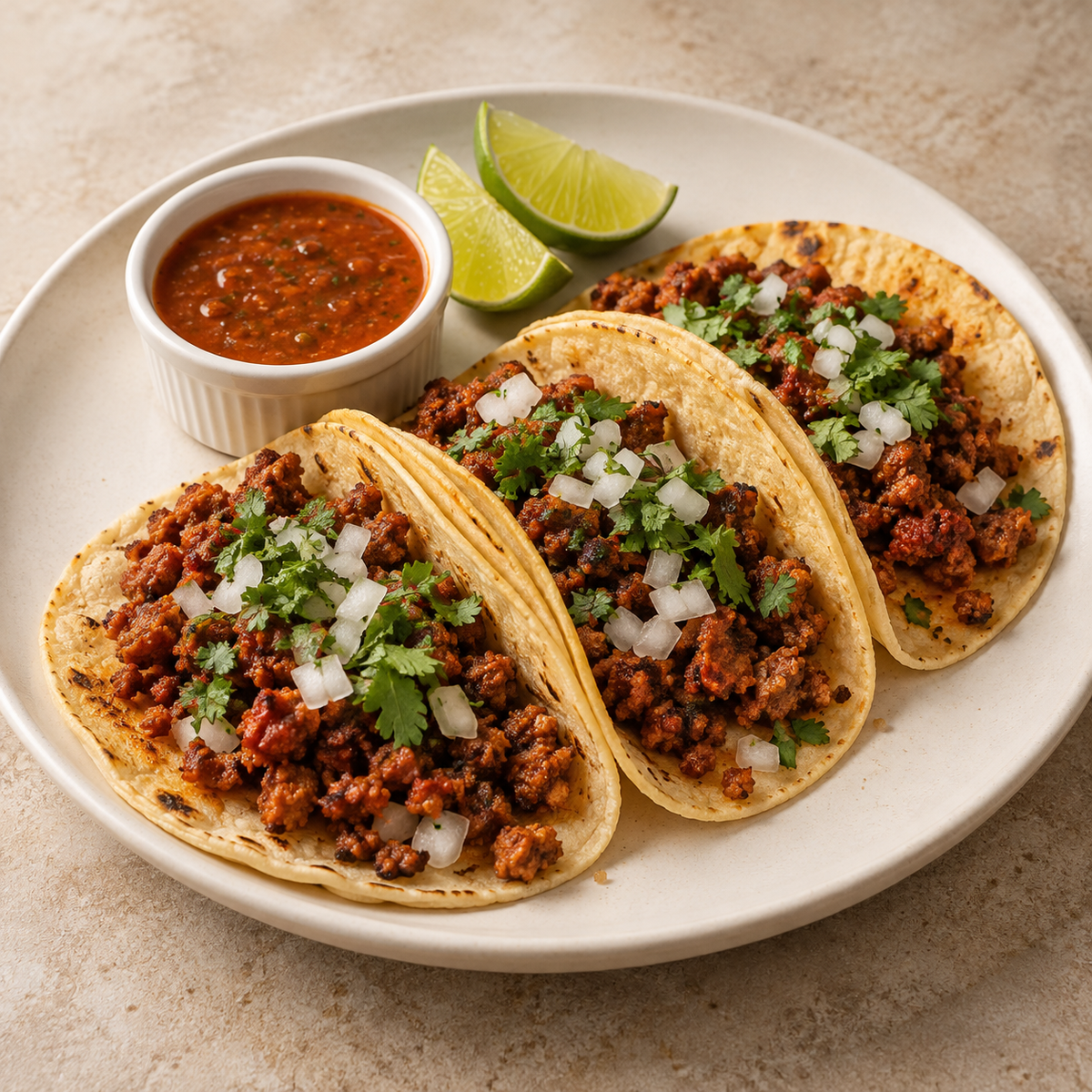 Tacos de chorizo; porción propuesta: 3 tacos; imagen ilustrativa generada con IA