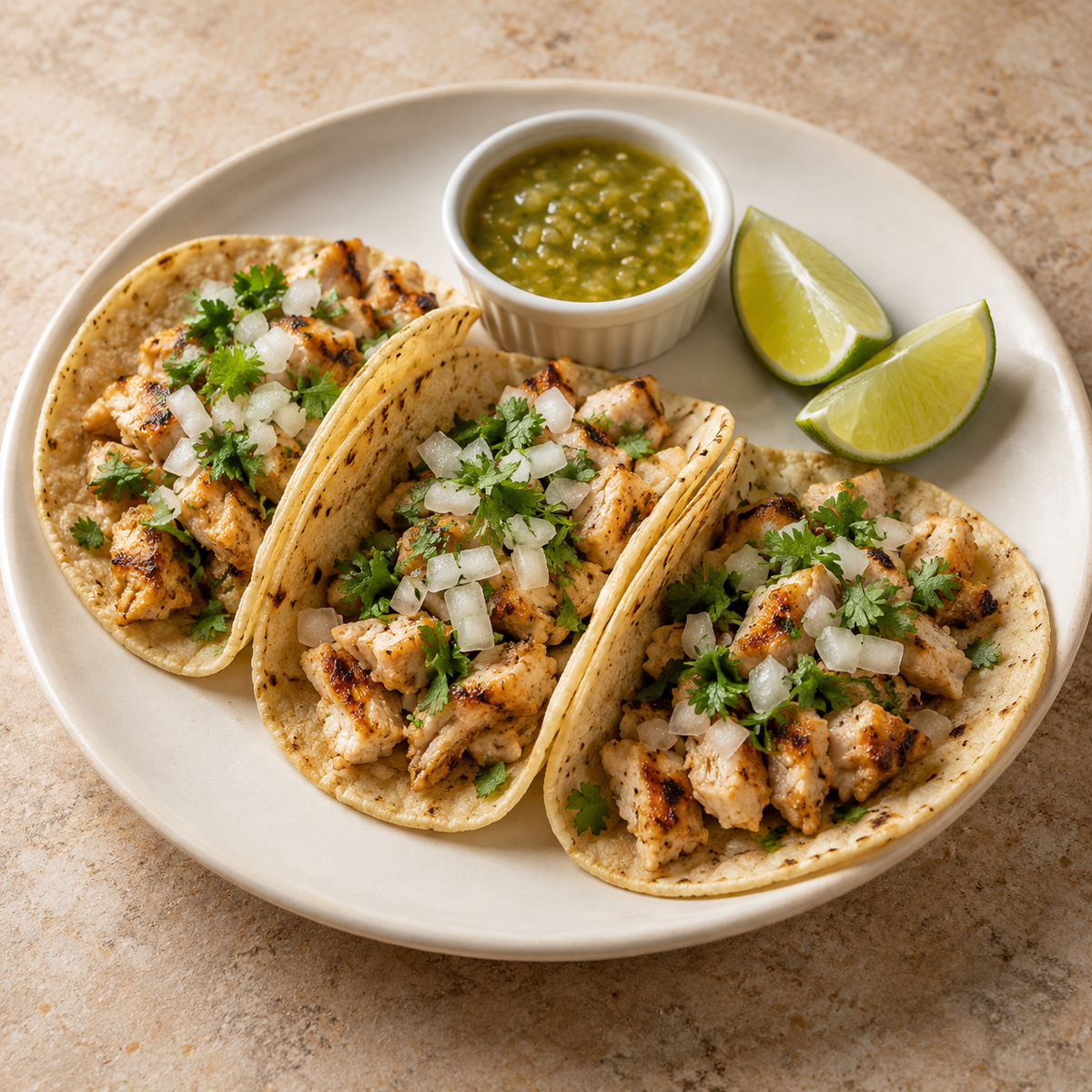 Tacos de pollo; porción propuesta: 3 tacos; imagen ilustrativa generada con IA