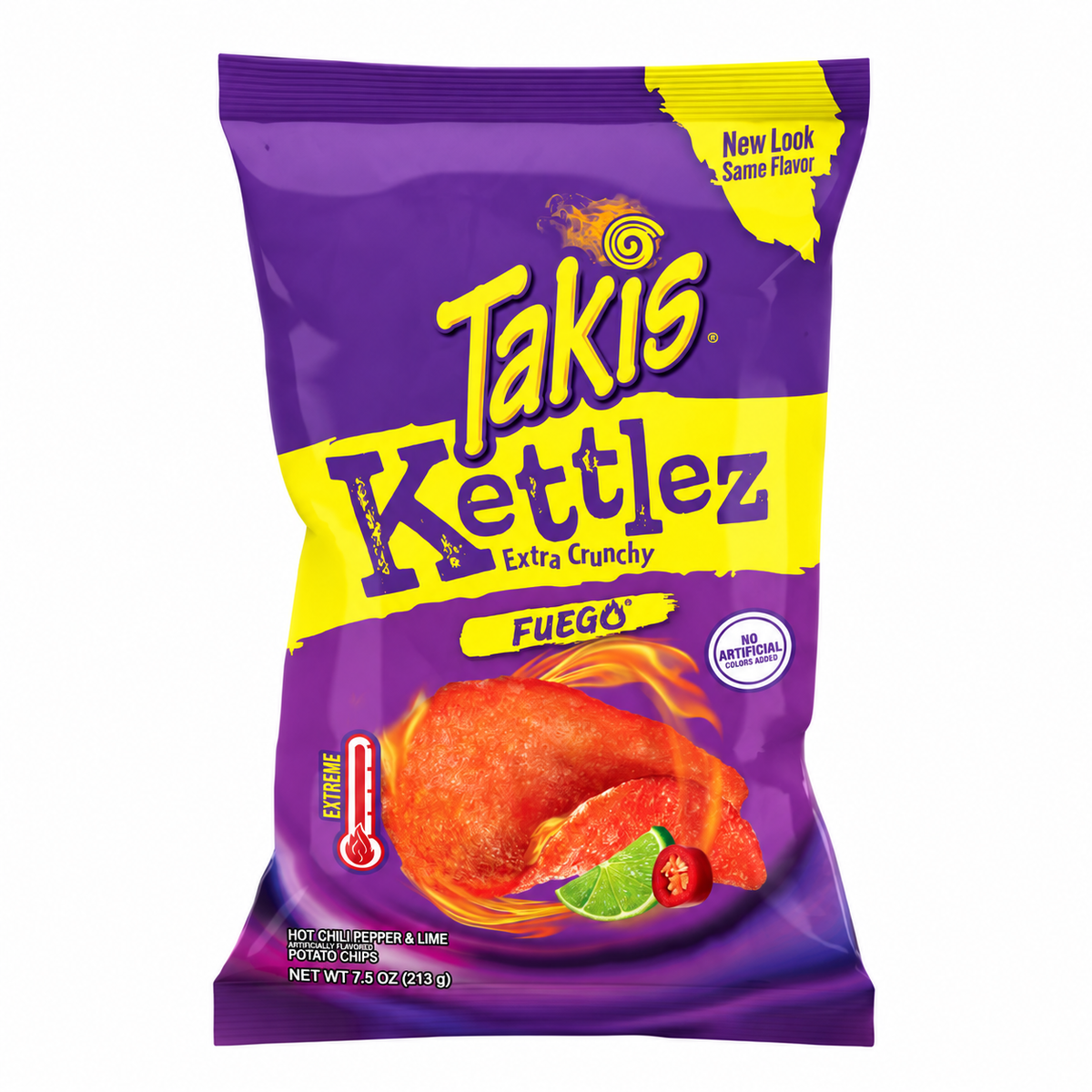 Takis Kettlez Extra Crunchy Fuego, papas fritas 7.5 oz (213 g). UPC 757528053673.